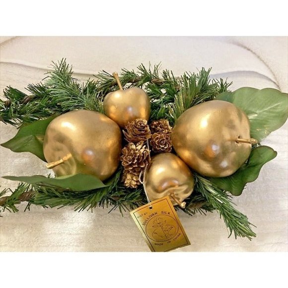 VINTAGE SULLIVAN SILK CHRISTMAS CENTERPIECE GOLD APPLES & PINE CONES 15"x8" NWT - Picture 5 of 5